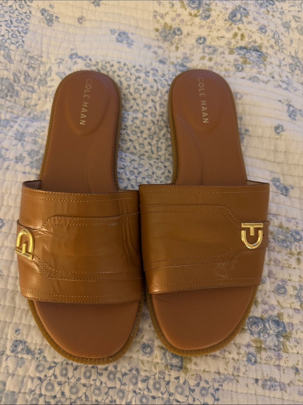 Cole Haan Cognac Leather Slide Sandals with Gold Tone Logo